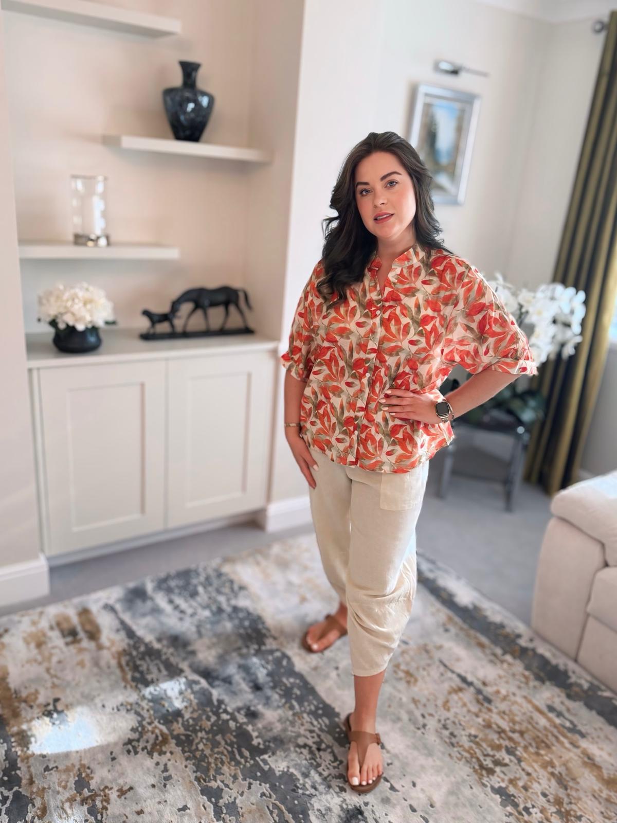 Patterned Shirt – Orange & Olive Leaf