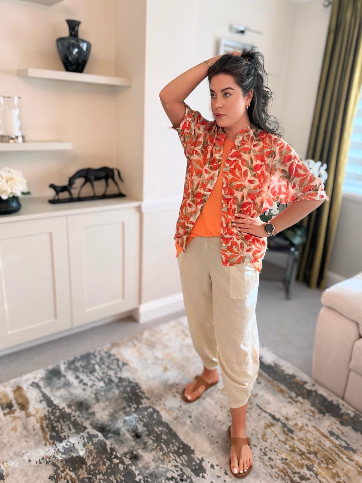 Patterned Shirt – Orange & Olive Leaf