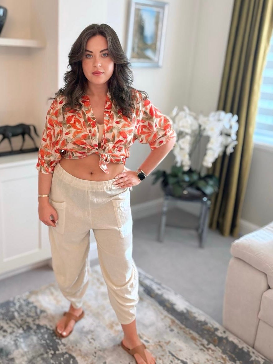 Patterned Shirt – Orange & Olive Leaf
