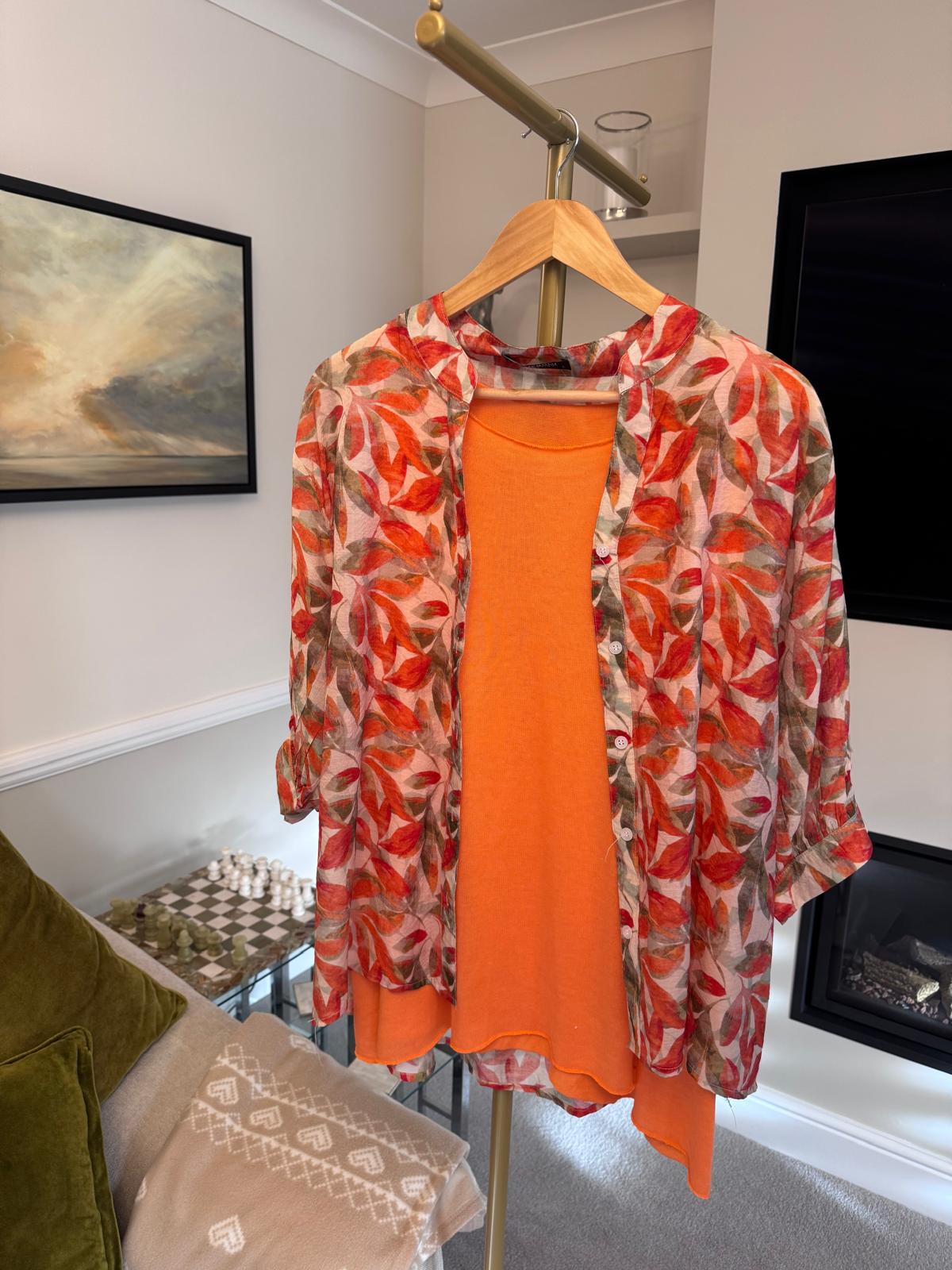 Patterned Shirt – Orange & Olive Leaf