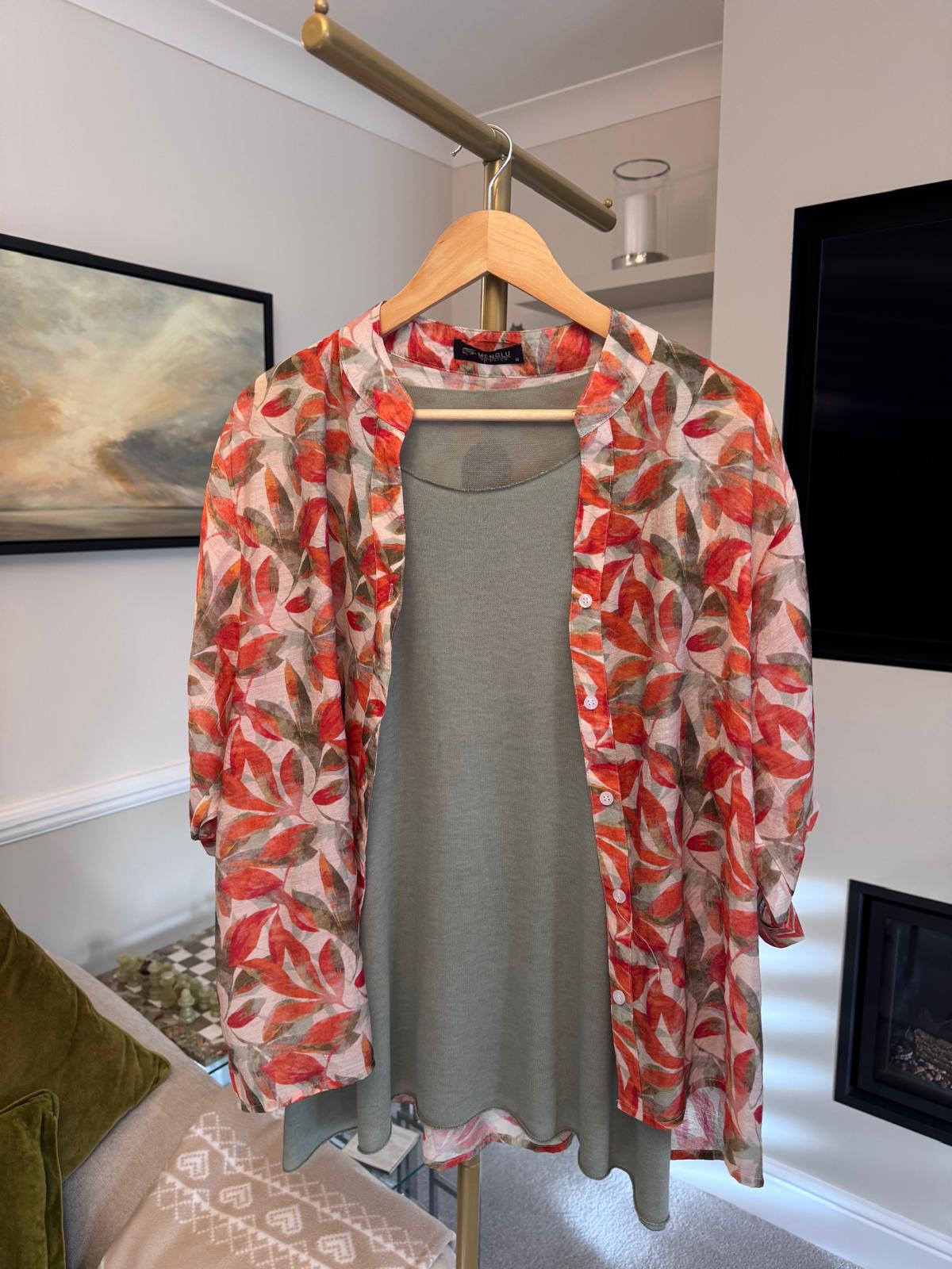 Patterned Shirt – Orange & Olive Leaf