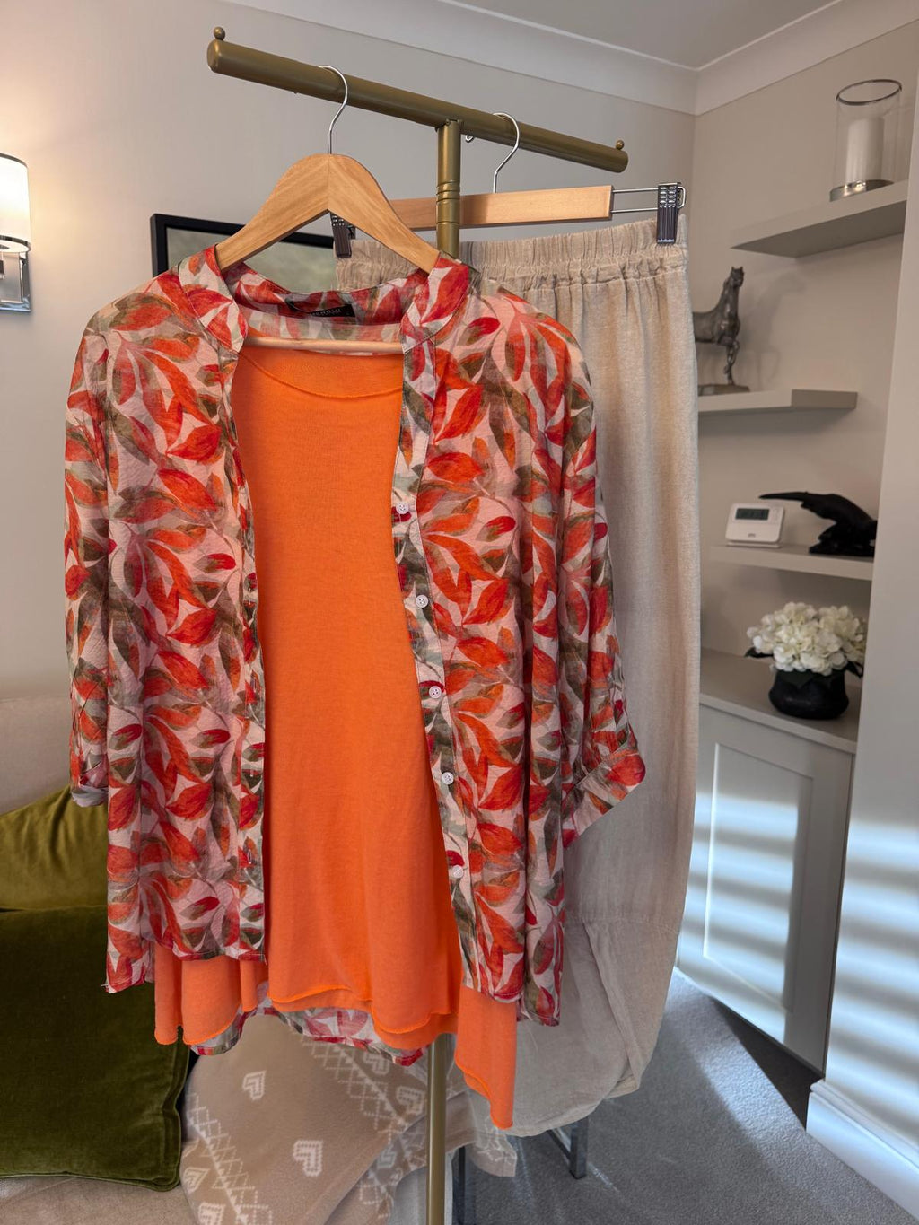 Patterned Shirt – Orange & Olive Leaf