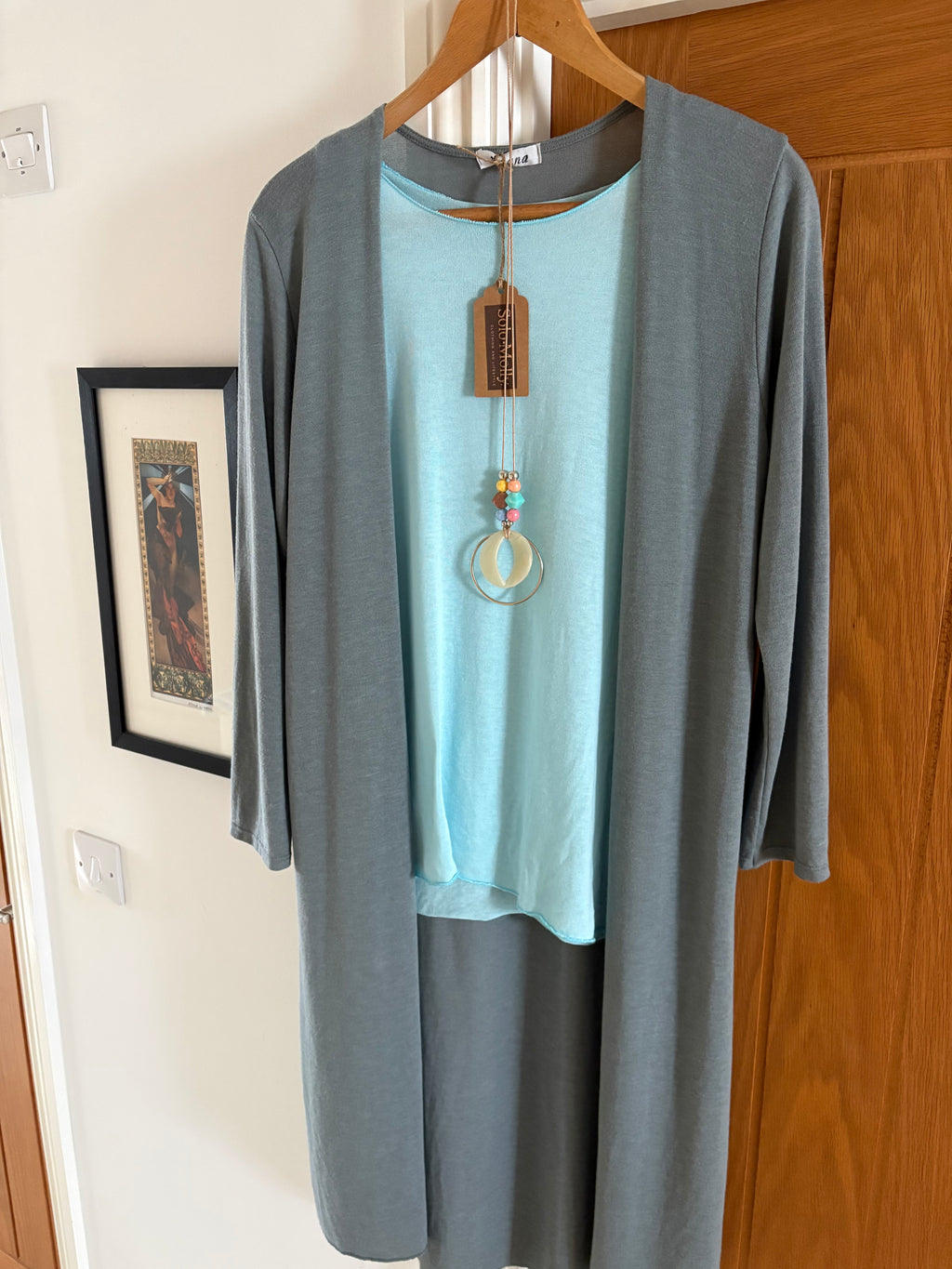 Long line Italian open cardigan, turquoise vest 